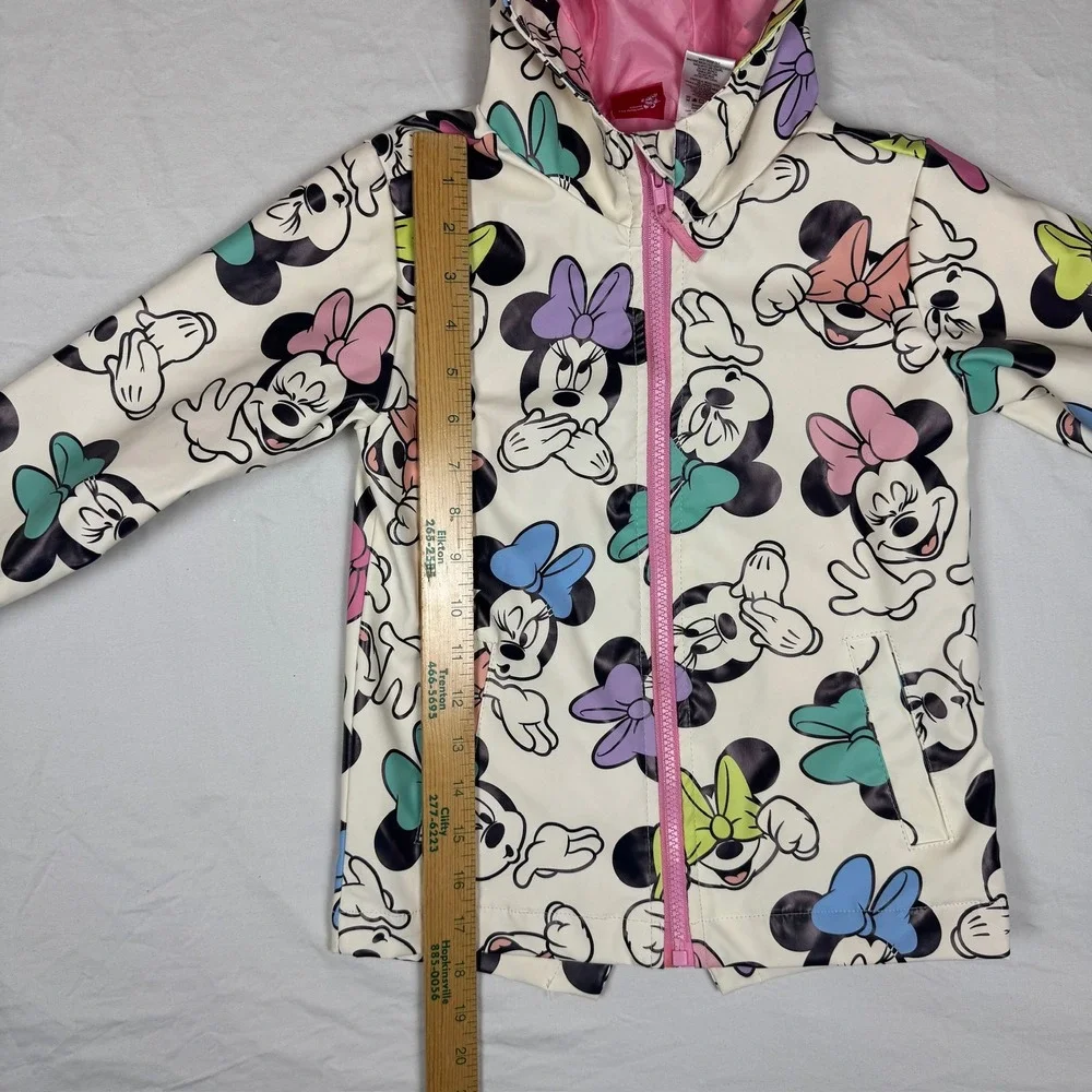 Disney Minnie Mouse Girls Hooded Rain Jacket Windbreaker White Pink Size 5/6